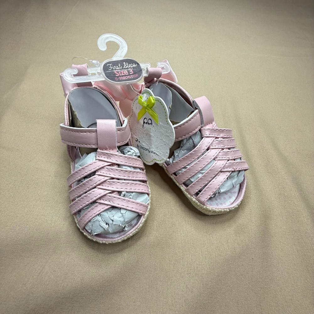 First Steps Stepping Stones Baby Girl Pink Bow Espadrille Sandals Size 3 6-9M